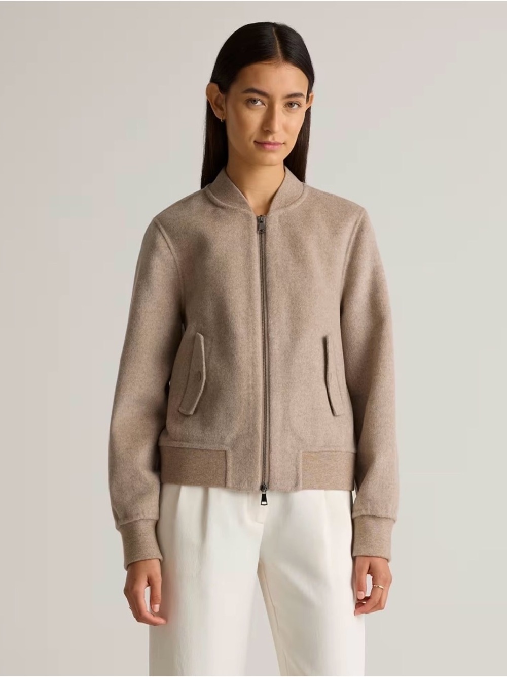 Quince Tan Oat Double Faced Merino Wool Bomber Jacket Size Large - Picture 2 of 9